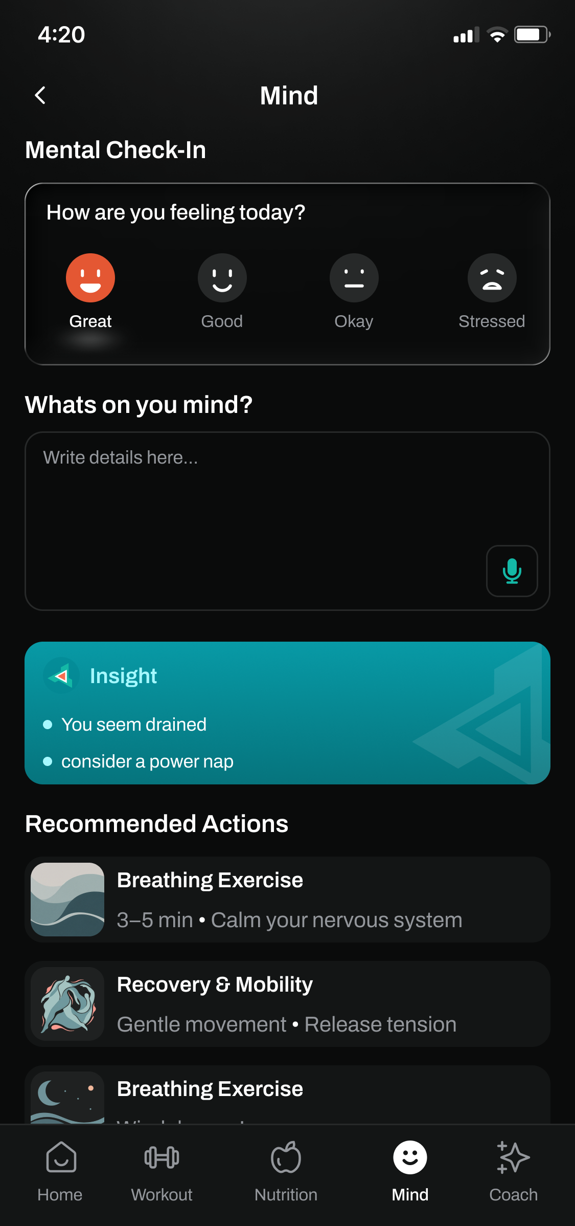 Mental wellness check-in and mood tracking
